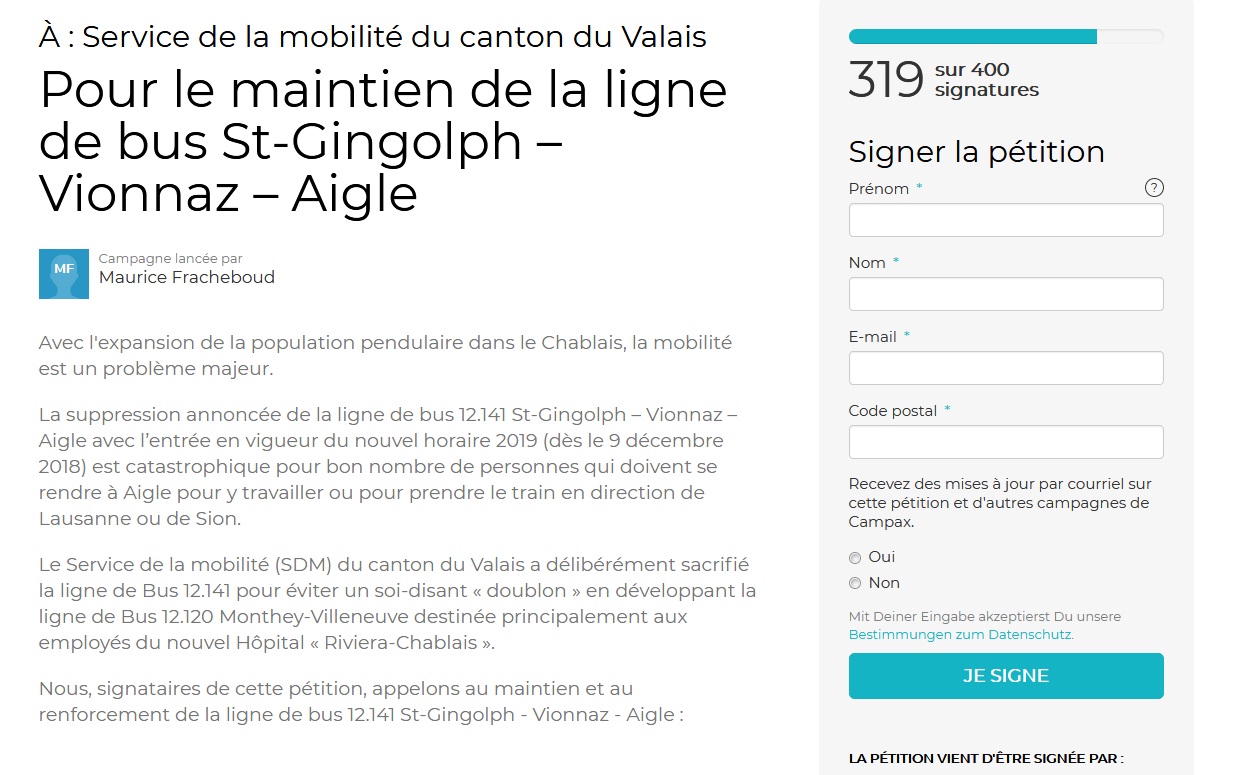 Une pétition a été lancée contre la suppression de la ligne de bus St-Gingolph - Vionnaz - Aigle