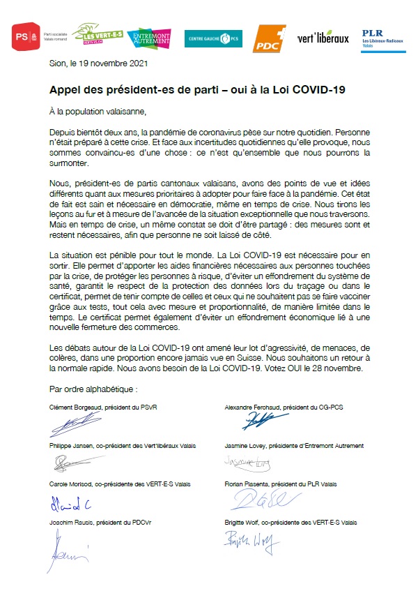 Les présidents de partis valaisans, à l’exception de l’UDC, disent oui à la loi Covid